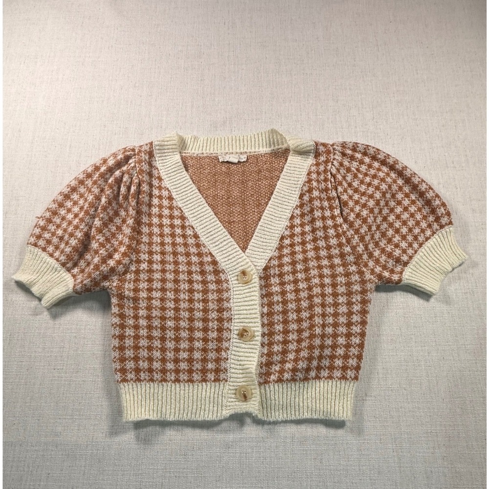 Endless Blu Womens Small Orange Gingham Knit Short Puff Sleeve Cardigan Sweater